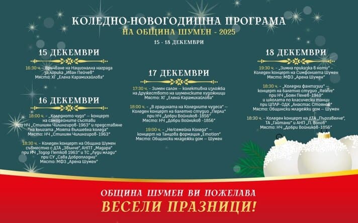 Програмата включва коледни базари концерти на Община Шумен и други